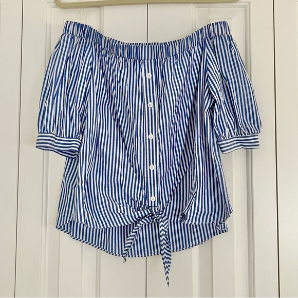DO+BE | Blue Striped Off-Shoulder Top | size M - Picture 2 of 10